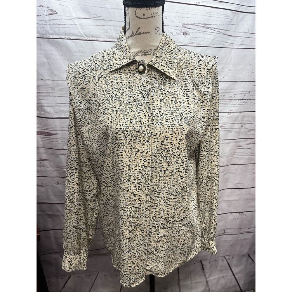 Vintage Long Sleeve Button Up Blouse Top Abstract Print Neutral Career